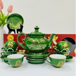 Bộ ấm trà Bát Tràng vẽ vàng Thuận Buồm Xuôi Gió AC94A