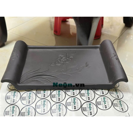 Ấm chén gốm tử sa Bát Tràng khắc sen quai đắp khay hình chữ nhật AC95A