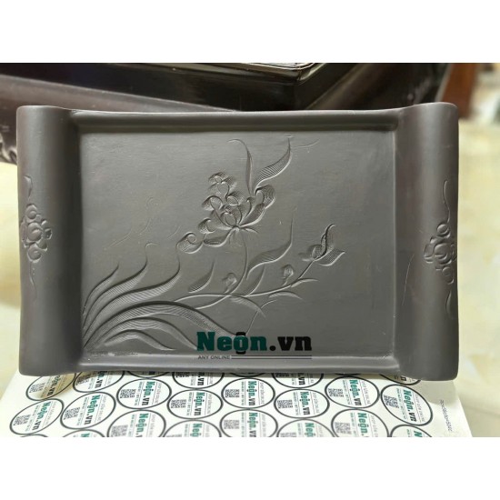 Ấm chén gốm tử sa Bát Tràng khắc sen quai đắp khay hình chữ nhật AC95A