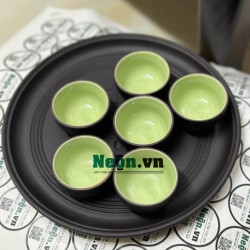 Ấm chén gốm tử sa Bát Tràng khắc sen quai đắp khay tròn AC95B