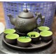 Ấm chén gốm tử sa Bát Tràng khắc sen quai đắp khay tròn AC95B