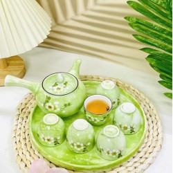 Ấm chén Bát Tràng vẽ hoa mận trắng men vân đá xanh lá nhạt AC96 Ấm chén Bát Tràng vẽ hoa mận trắng men vân đá xanh lá nhạt AC96