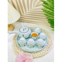 Ấm chén Bát Tràng vẽ hoa mận trắng men vân đá xanh dương nhạt AC96A