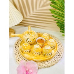 Ấm chén Bát Tràng vẽ hoa mận trắng men vân đá vàng nhạt AC96B