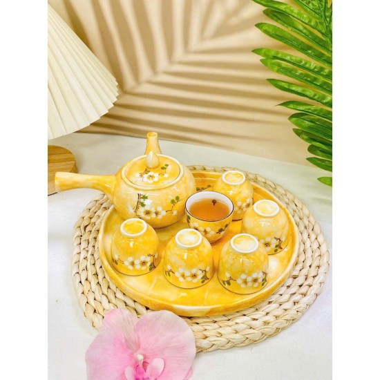 Ấm chén Bát Tràng vẽ hoa mận trắng men vân đá vàng nhạt AC96B