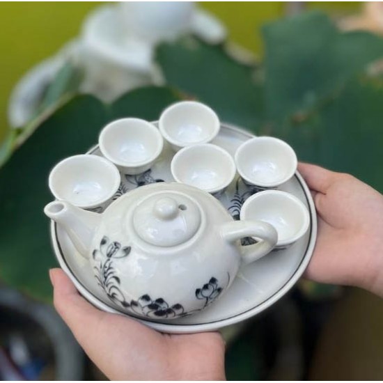 Bộ ấm trà thờ Bát Tràng hoa sen ACT02