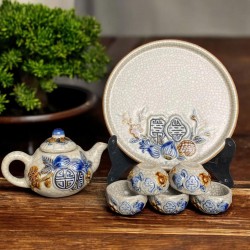 Bộ ấm trà thờ 5 chén Bát Tràng men rạn đắp nổi hoa đào ACT03 Bộ ấm trà thờ 5 chén Bát Tràng men rạn đắp nổi hoa đào ACT03