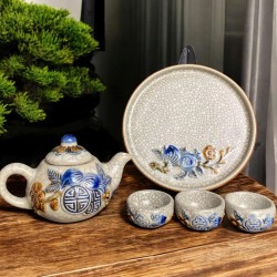 Bộ ấm trà thờ 3 chén Bát Tràng men rạn đắp nổi hoa đào ACT03A Bộ ấm trà thờ 3 chén Bát Tràng men rạn đắp nổi hoa đào ACT03A