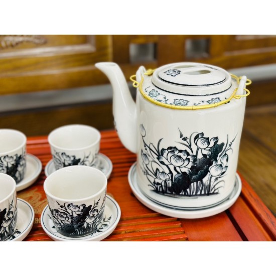 Bộ ấm tích Bát Tràng men bóng vẽ hoa sen AT06A