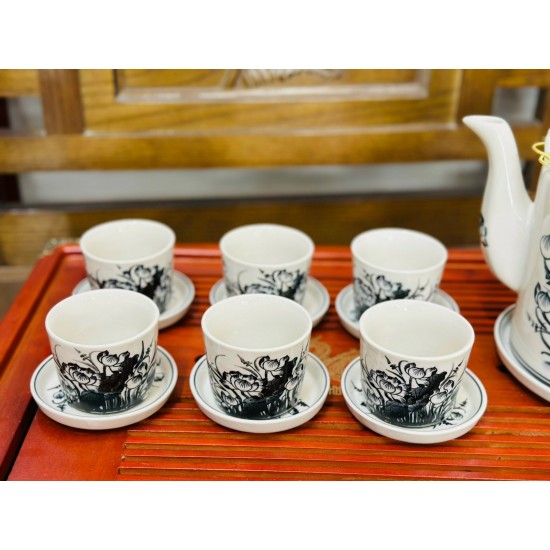 Bộ ấm tích Bát Tràng men bóng vẽ hoa sen AT06A