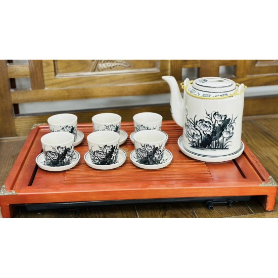Bộ ấm tích Bát Tràng men bóng vẽ hoa sen AT06A
