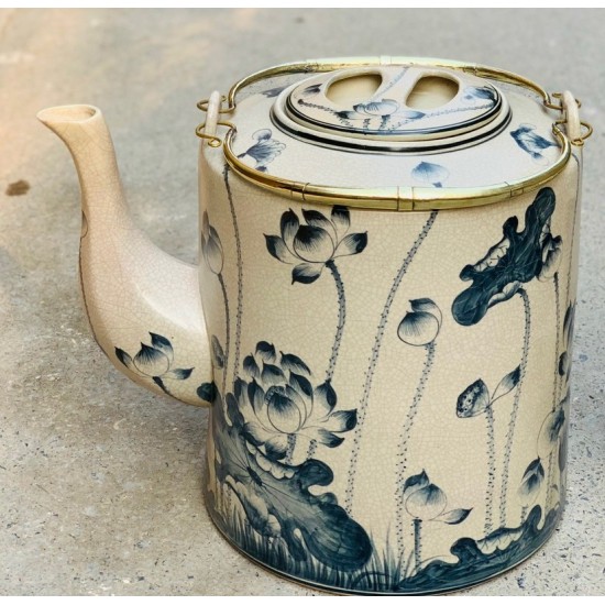 Ấm tích 10 lít men rạn giả cổ Bát Tràng vẽ sen phú quý AT07A