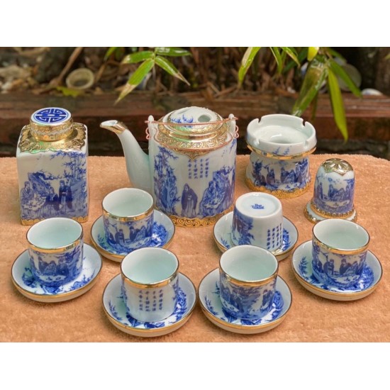 Bộ ấm tích pha trà xanh Bát Tràng vẽ cảnh trúc lâm thất hiền bọc đồng AT08A Bộ ấm tích pha trà xanh Bát Tràng vẽ cảnh trúc lâm thất hiền bọc đồng AT08A