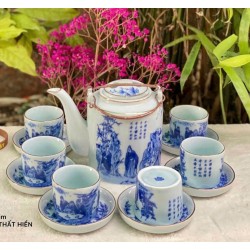 Bộ ấm tích pha trà xanh Bát Tràng Trúc lâm thất hiền vẽ chỉ vàng AT08C