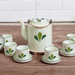 Bộ ấm tích pha trà xanh Bát Tràng men kem vẽ ngò gai 1,4 lít AT12B