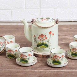 Bộ ấm tích pha trà xanh Bát Tràng men kem vẽ hoa sen đỏ 1,4 lít AT12D Bộ ấm tích pha trà xanh Bát Tràng men kem vẽ hoa sen đỏ 1,4 lít AT12D