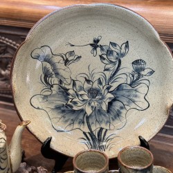 Bộ ấm tích Bát Tràng cao cấp men tiêu vẽ hoa sen chuồn AT13
