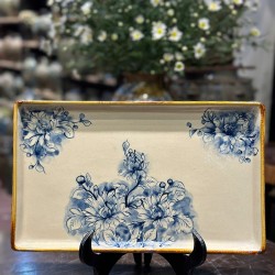 Bộ ấm tích Bát Tràng cao cấp men tiêu vẽ hoa cúc khay chữ nhật AT13A