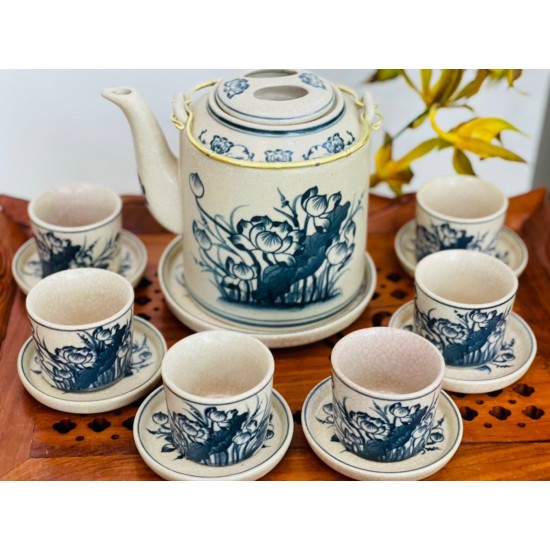 Bộ ấm tích Bát Tràng men rạn vẽ hoa sen AT06