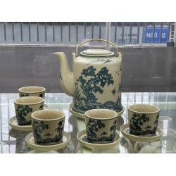 Bộ ấm tích pha trà xanh Bát Tràng men rạn vẽ cảnh tùng chùa AT05