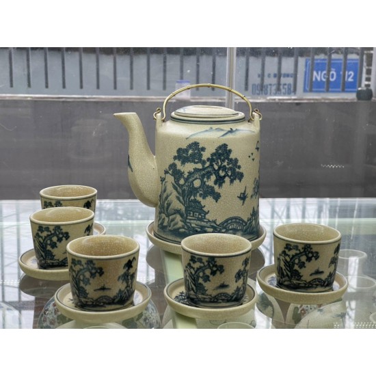 Bộ ấm tích pha trà xanh Bát Tràng men rạn vẽ cảnh tùng chùa AT05