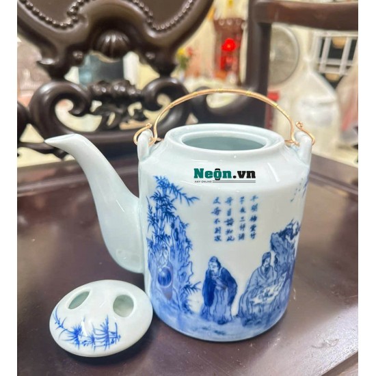 Ấm tích pha trà xanh Bát Tràng men lam giả cổ Trúc Lâm Thất Hiền