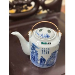 Ấm tích pha trà xanh Bát Tràng men lam giả cổ Trúc Lâm Thất Hiền
