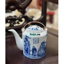 Ấm tích pha trà xanh Bát Tràng men lam giả cổ Trúc Lâm Thất Hiền