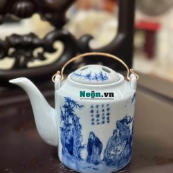Ấm tích pha trà xanh Bát Tràng men lam giả cổ Trúc Lâm Thất Hiền
