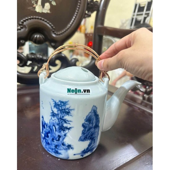Ấm tích pha trà xanh Bát Tràng men lam giả cổ Trúc Lâm Thất Hiền