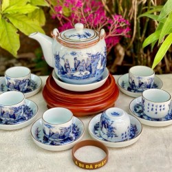 Ấm chén Bát Tràng vẽ vàng Trúc Lâm Thất Hiền men lam AC33-VV