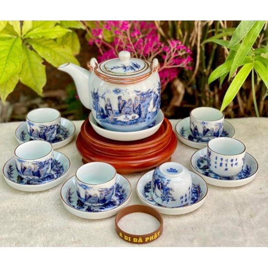 Ấm chén Bát Tràng vẽ vàng Trúc Lâm Thất Hiền men lam AC33-VV