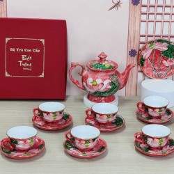 Ấm chén Bát Tràng men vân đá đỏ vẽ vàng hoa sen nổi AC90B
