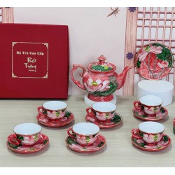 Ấm chén Bát Tràng men vân đá đỏ vẽ vàng hoa sen nổi AC90B