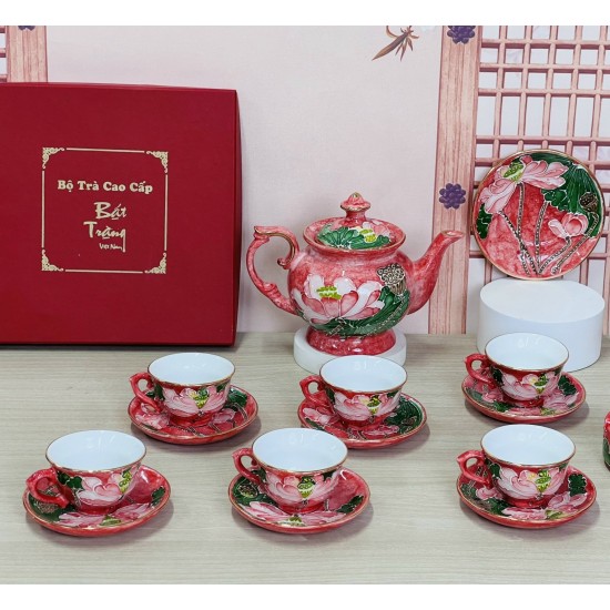 Ấm chén Bát Tràng men vân đá đỏ vẽ vàng hoa sen nổi AC90B