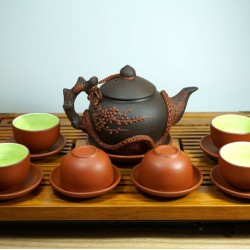 Ấm chén tử sa Bát Tràng đắp nổi hoa đào AC57A