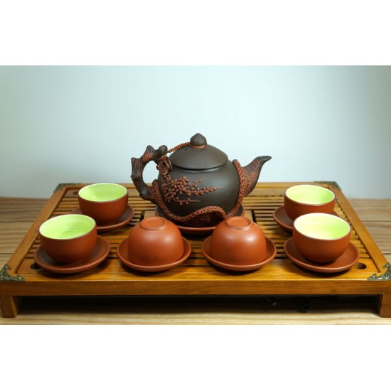 Ấm chén tử sa Bát Tràng đắp nổi hoa đào AC57A