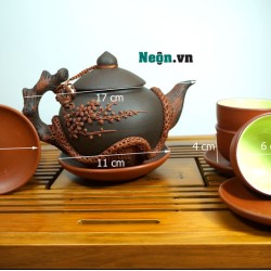 Ấm chén tử sa Bát Tràng đắp nổi hoa đào AC57A