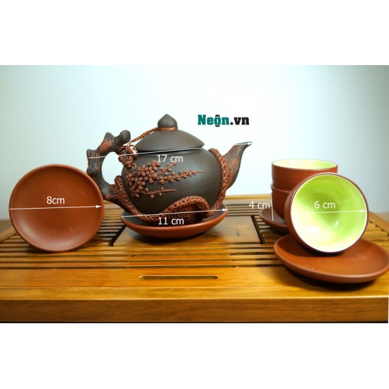 Ấm chén tử sa Bát Tràng đắp nổi hoa đào AC57A