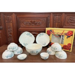 Bộ bát đĩa gốm sứ Bát Tràng vẽ hoa sen xanh BBD01