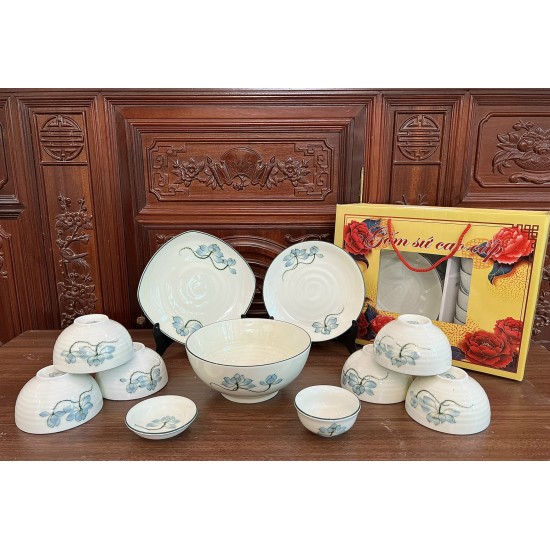 Bộ bát đĩa gốm sứ Bát Tràng vẽ hoa sen xanh BBD01