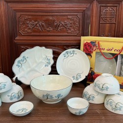 Bộ bát đĩa gốm sứ Bát Tràng vẽ hoa sen xanh BBD01A