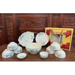 Bộ bát đĩa gốm sứ Bát Tràng vẽ hoa sen xanh BBD01A