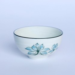 Bộ 10 bát ăn cơm Bát Tràng men kem vẽ hoa sen xanh BC02