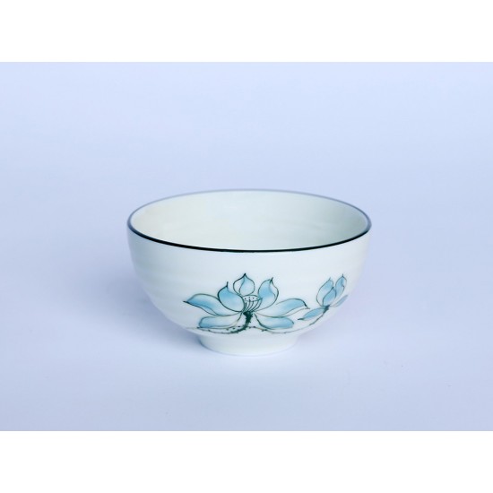 Bộ 10 bát ăn cơm Bát Tràng men kem vẽ hoa sen xanh BC02