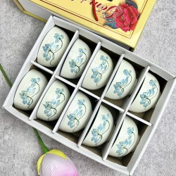 Bộ 10 bát ăn cơm Bát Tràng men kem vẽ hoa sen xanh BC02