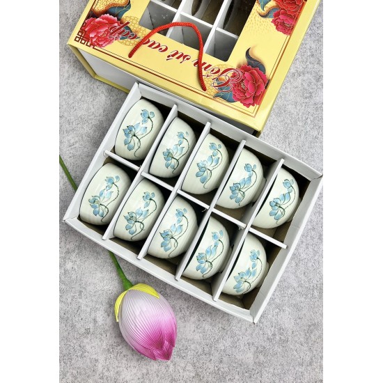 Bộ 10 bát ăn cơm Bát Tràng men kem vẽ hoa sen xanh BC02