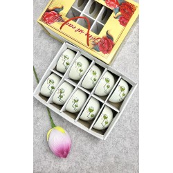 Bộ 10 bát ăn cơm Bát Tràng men kem vẽ hoa đài sen BC02A