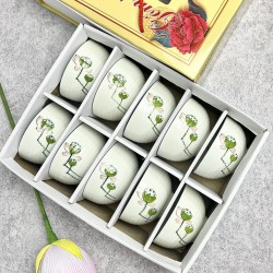 Bộ 10 bát ăn cơm Bát Tràng men kem vẽ hoa đài sen BC02A