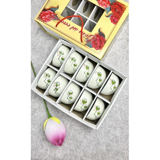 Bộ 10 bát ăn cơm Bát Tràng men kem vẽ hoa đài sen BC02A